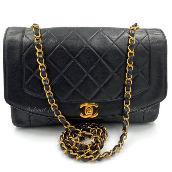 Authentic CHANEL Lambskin Medium Diana Single Chain Single Flap Bag Black gold h - Picture 1 of 12